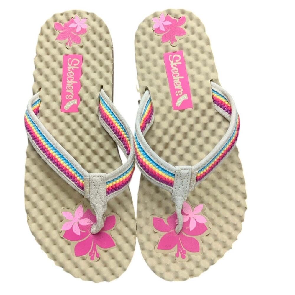 Skechers Cali Flip Flops Womens 10 Rainbow Strap Pink Hibiscus Comfort Sandals